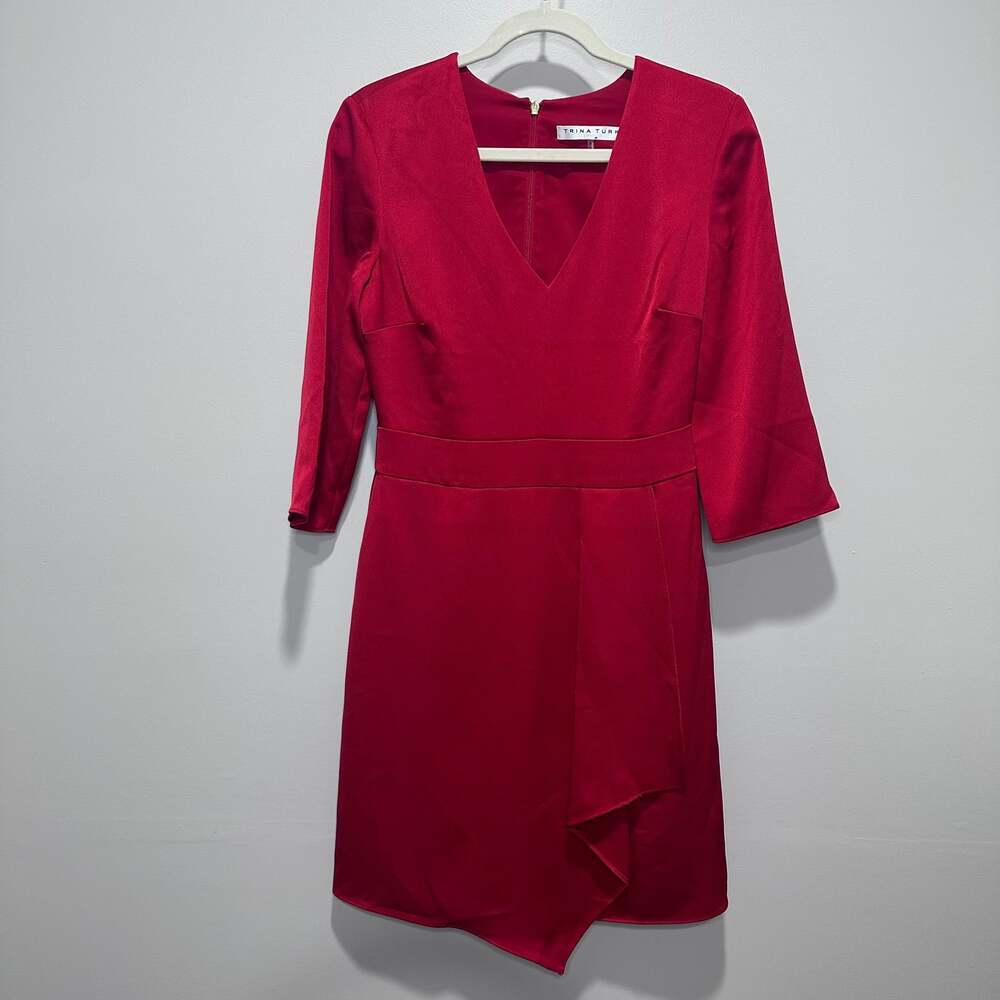 Trina Turk Red 3/4 Sleeve V-Neck Ruffle Faux-Wrap Sheath Dress, Sz 4 - Picture 2 of 6